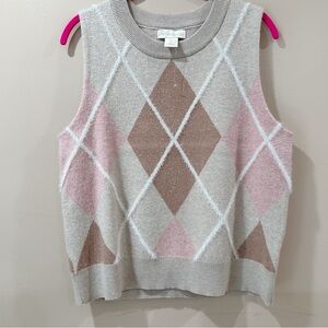 NWT Cynthia Rowley Argyle Sweater Vest Soft Fuzzy Knit Pink Brown Beige